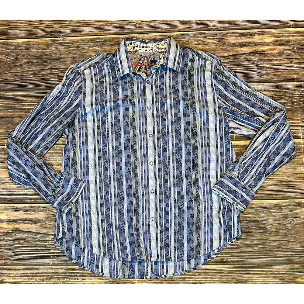 Robert Graham Shirt Men XL Blue Striped Puzzle Geometric Long Sleeve Flip Cuff